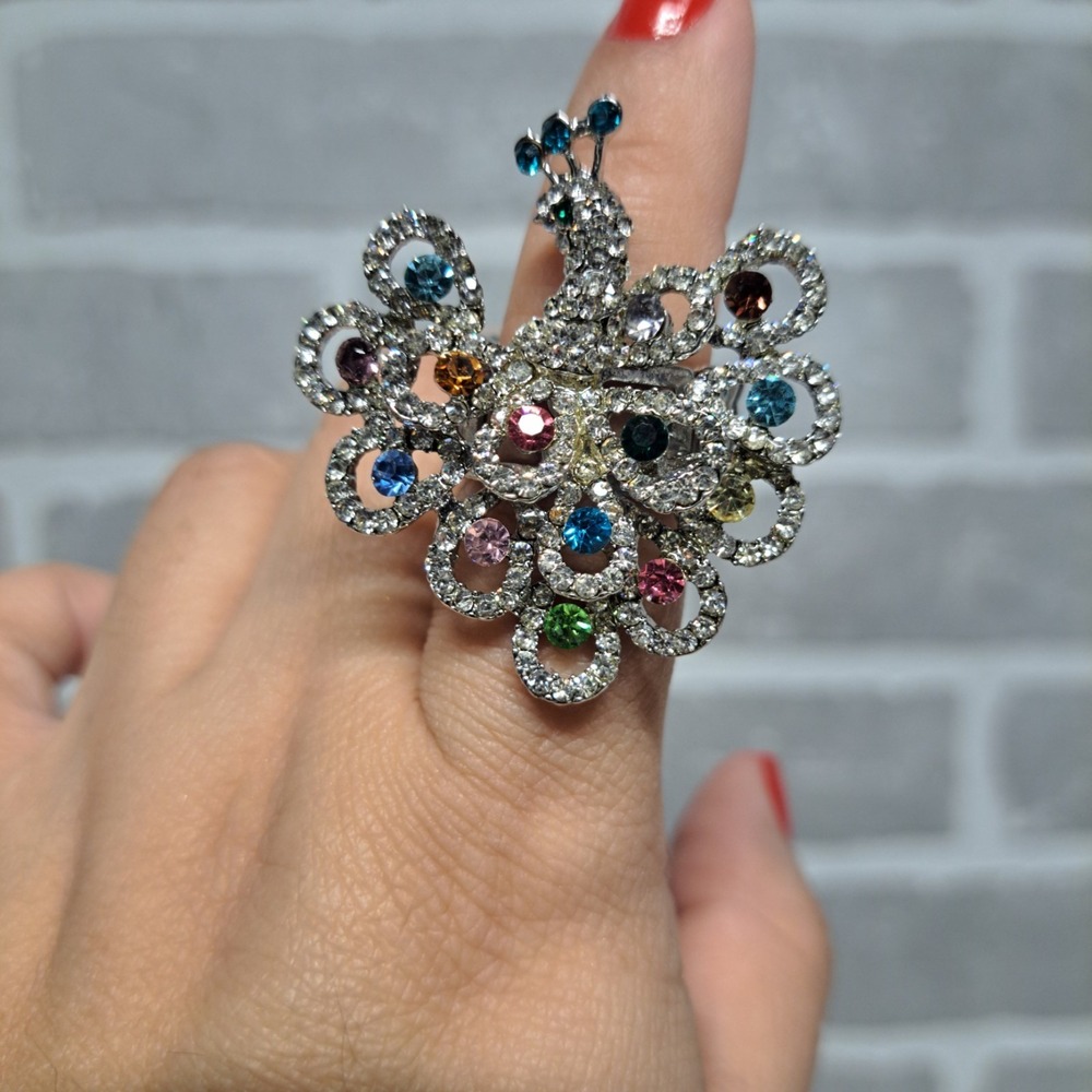 Multi Colorful Bird Peacock Stretch Cocktail Ring Pink Green Blue...